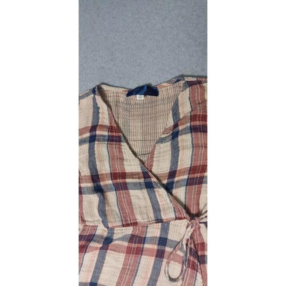 Blue Rain Anthropologie 3/4 Sleeve Wrap Shirt Womens Size XS Brown And Red Plaid - Picture 3 of 11